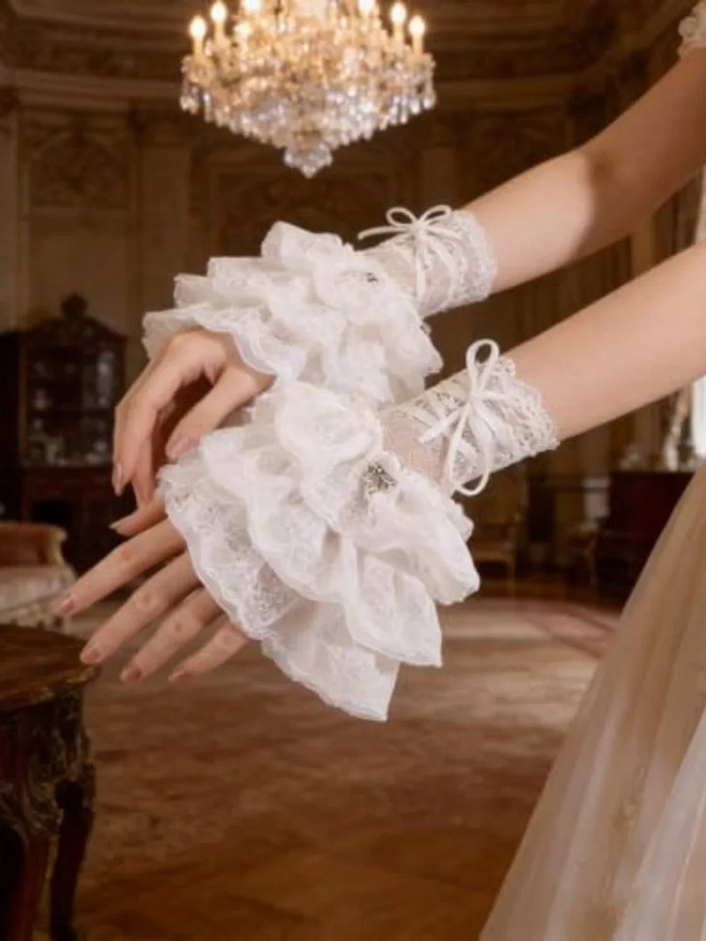 Women Lace Fingerless Gloves Ruffle Bow Cosplay Opera Gloves